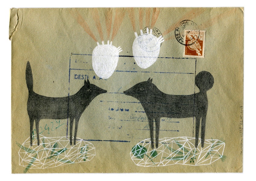 Dogs and Hearts on a Blue Envelope / Original Pencil Drawing / The Day We Met