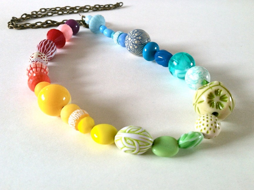 Vintage Rainbow Necklace. Aged Brass.  Lucite and Glass Beads.  No.1