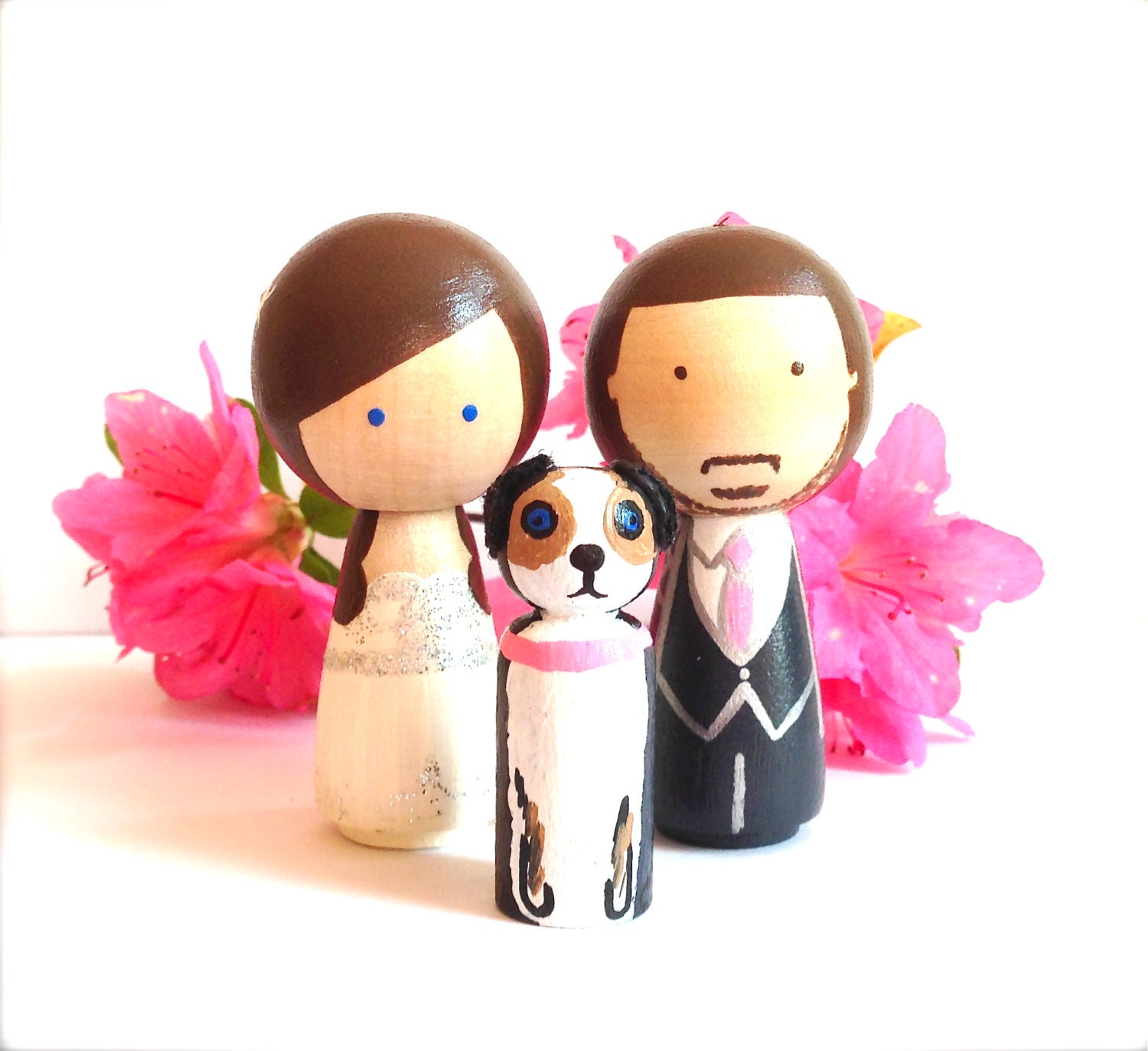 Wooden WEDDING CAKE TOPPER With Pet Custom Kokeshi Doll Wedding Cake Toppers Cute Cake Toppers