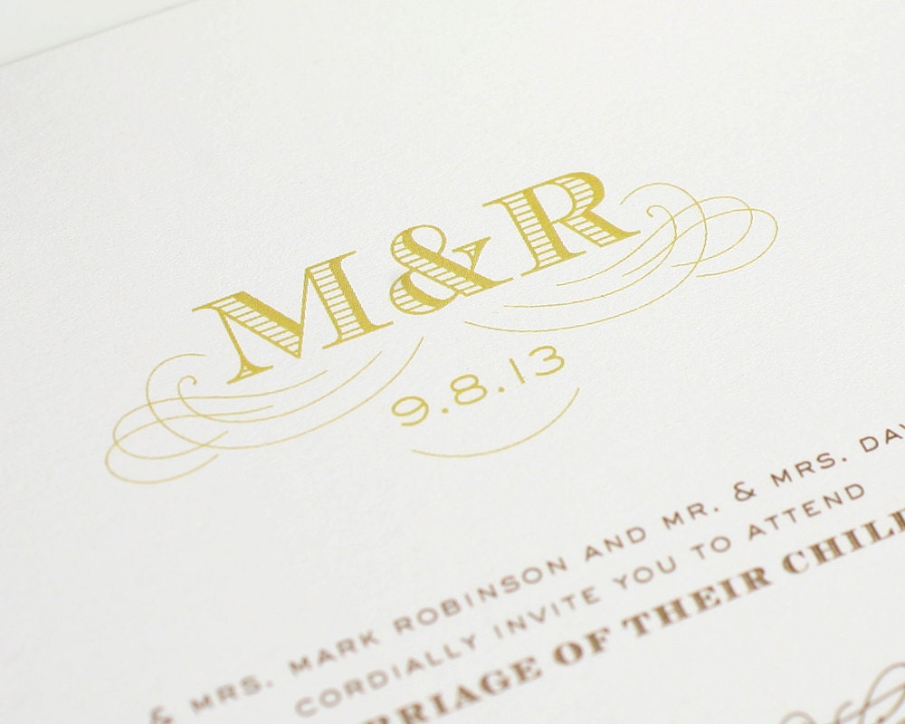 Monogram Wedding Invitation, Antique Wedding Invitation - Monogram, Gold, Brown - Antique Monogram Wedding Invitation - Sample Set
