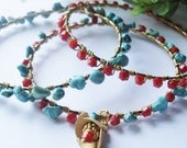 stacking bracelets, wire wrapped bangle set, red, turquoise, wire wrapped bracelet, bohemian jewelry, southwest jewelry