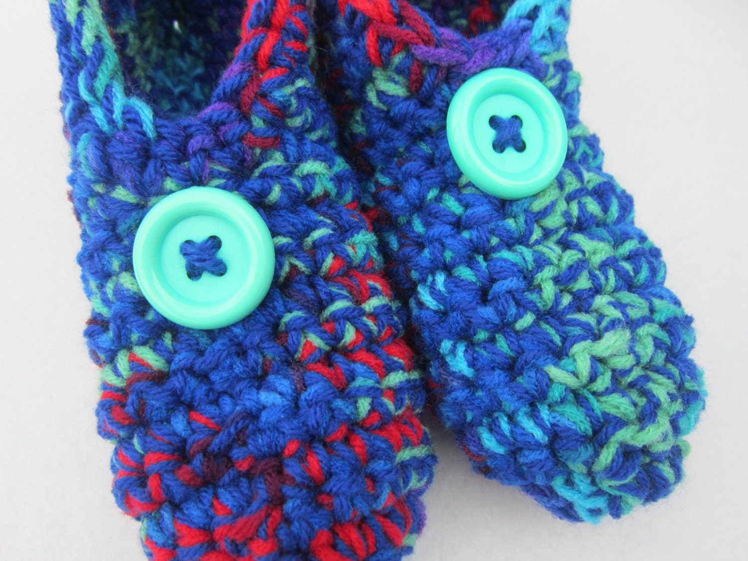Crocheted Slippers in Blue and Multicolor- Size Large with Buttons