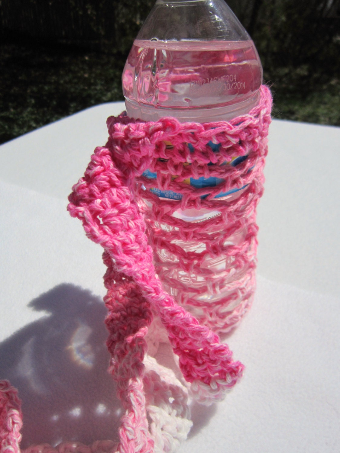Crochet Cotton Water Bottle Holder Shades of Pink and White Relay for Life