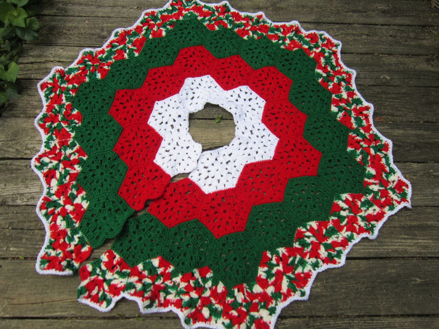 Christmas Tree Skirt Crocheted Granny Hexagons in Red Green and White