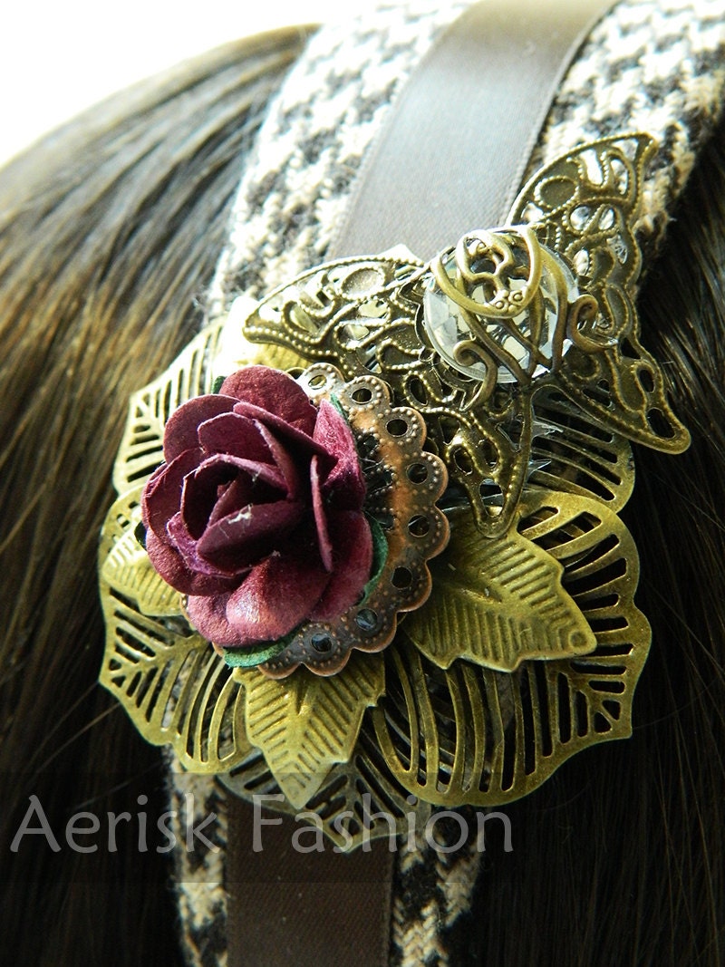 Steampunk hair accessory -  Izame Design -  Vintage Bronze layered filigree flower rose on houndstooth headband