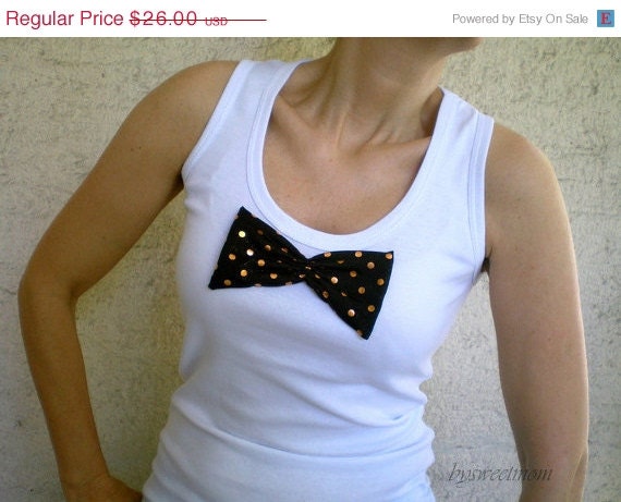 ON SALE 40 % OFF White Tshirt with Bronze Polka Dot Bow Woman Tank Top Halter Summer Fashion
