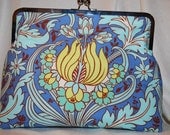 Yellow-Green and Blue Floral Print Clutch Crossbody Handbag with Green Lining