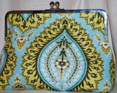 Olive green and Light Blue Damask Style Print Clutch Crossbody Handbag with Striped Lining