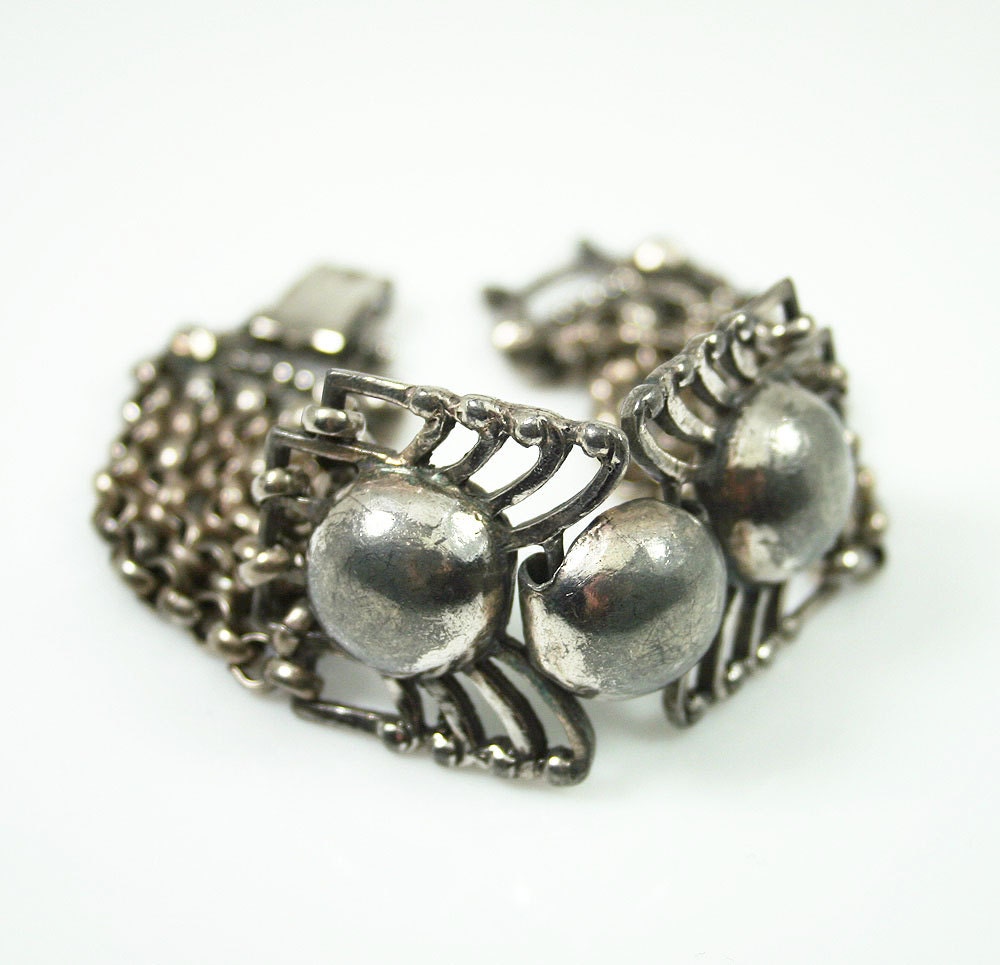 Vintage Silver Mayan Art Craft Chunky Ball Chain Bracelet
