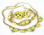 Vintage Yellow Givre Rhinestone Navette Necklace Bracelet Earrings Set