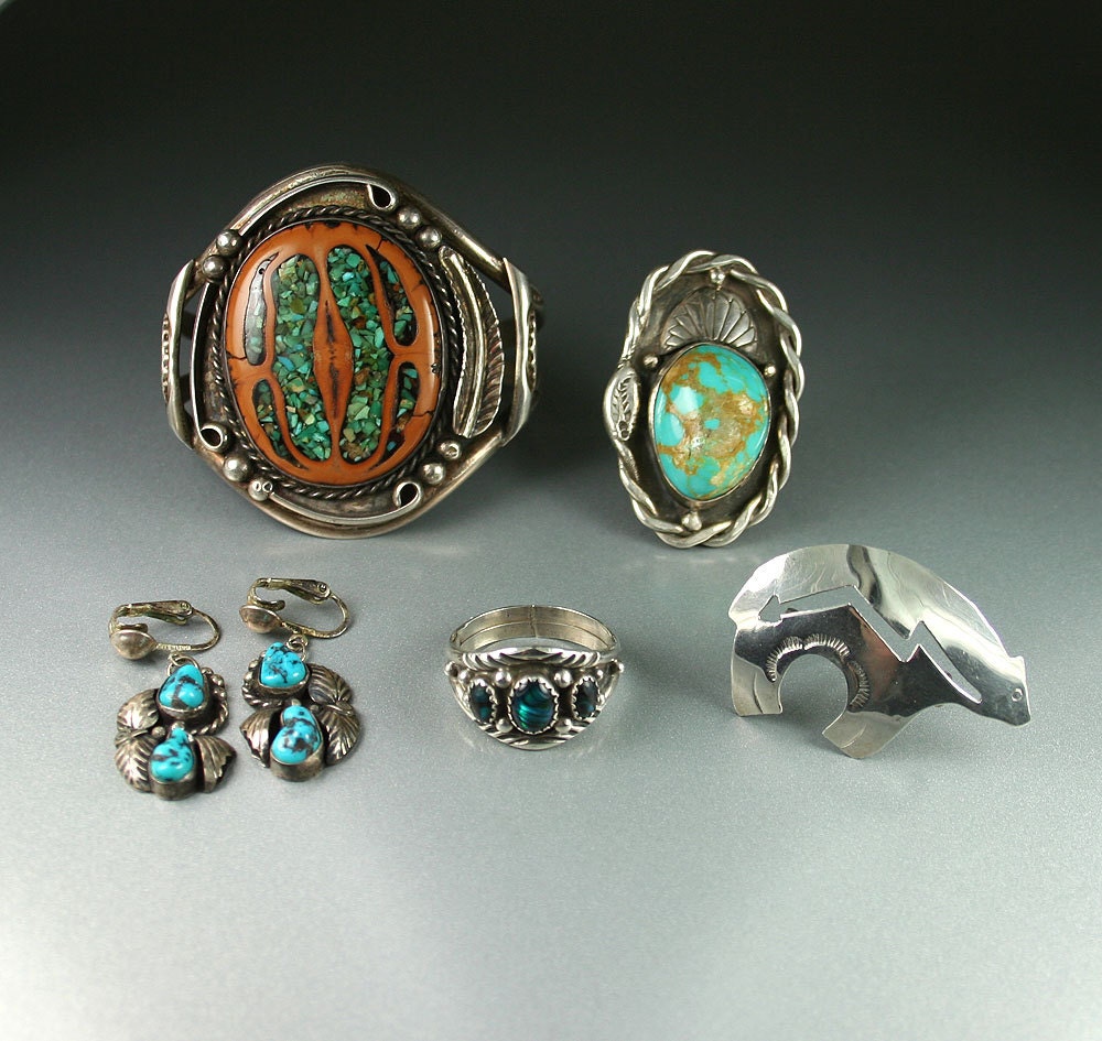 Vintage Quality Signed Native American Bracelet Earrings Brooch Ring Jewelry Lot