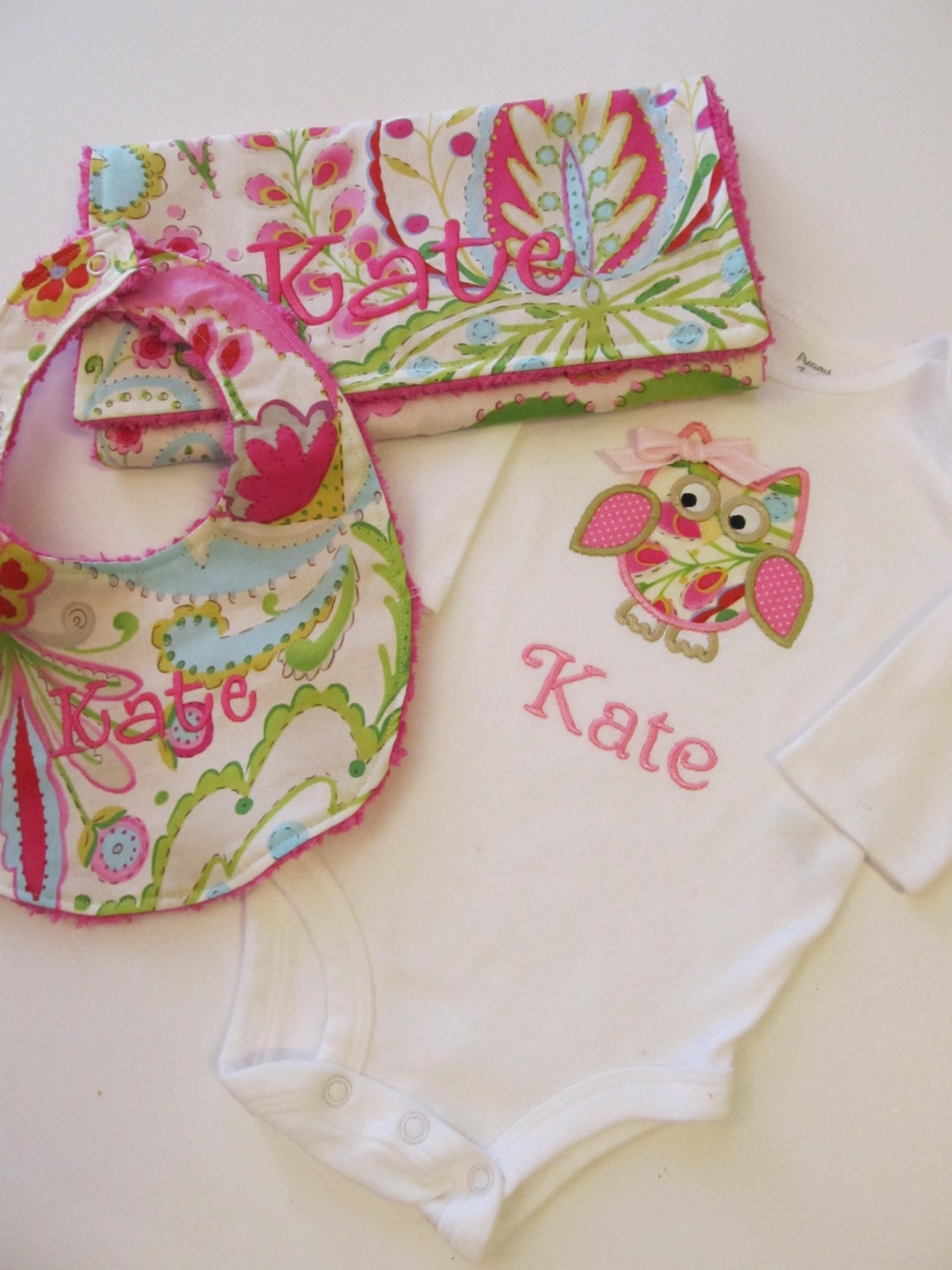 Personalized Owl Onesie Set-  Bib and  Burp Cloth Set- Personalized Gift Set- Baby Shower Set- Owl Onesie Set