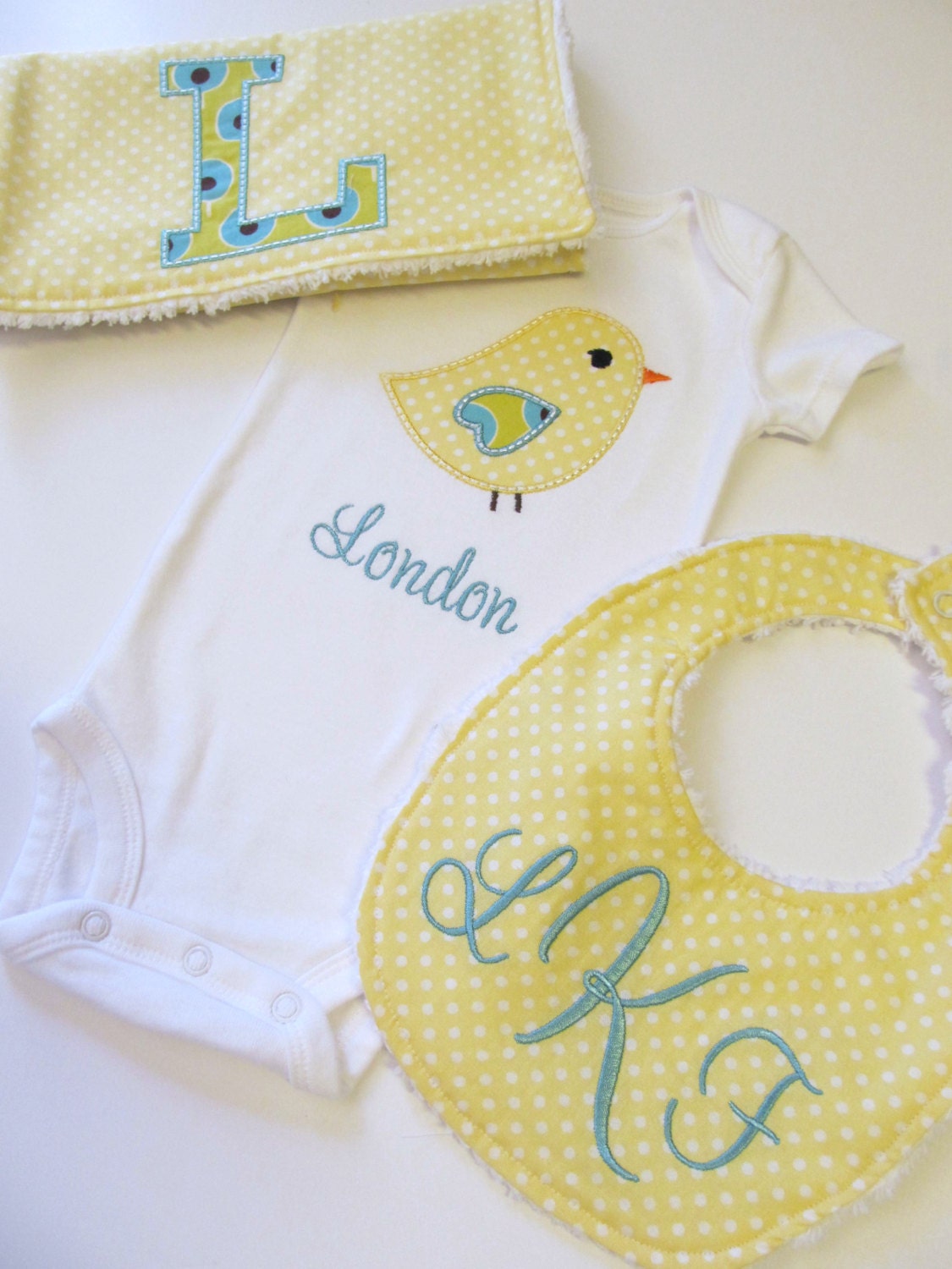 Personalized Bird Onesie Set-  Bib and  Burp Cloth Set- Personalized Gift Set- Baby Shower Set- Bird Onesie Set