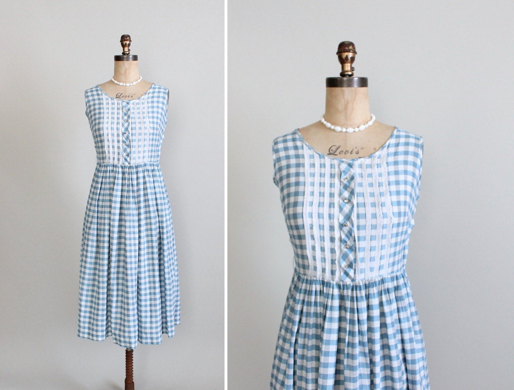 Vintage 1950s Dress : 50s Cotton Check Full Skirt Day Dress