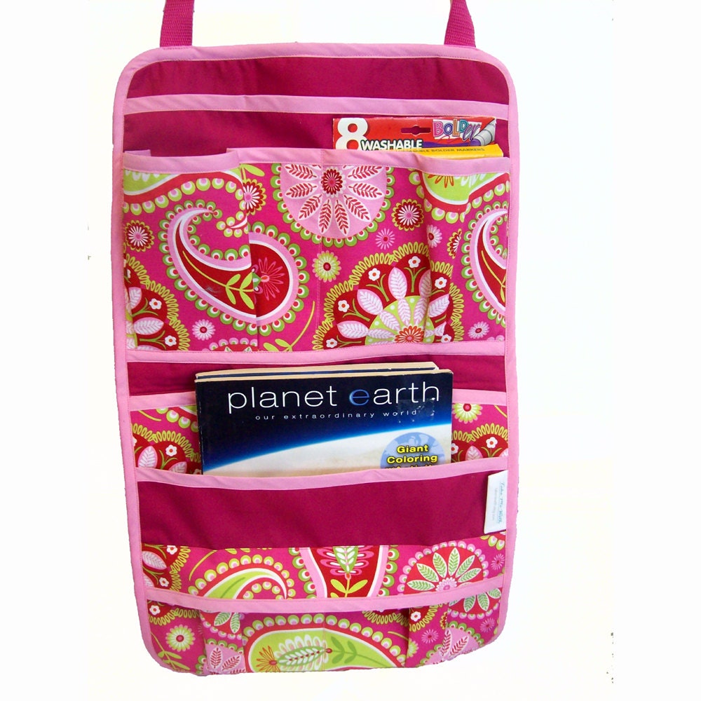 Hanging Car Organizer and Activity Bag in Pink Paisley
