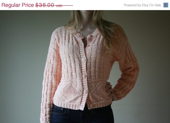 60% OFF SALE 80s Peach Cardigan / Oversized Thick Knit Sweater Cardigan / Pattern Long Sleeve Top / Winter Wear / Size Medium med md 4-6