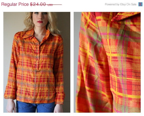 60% OFF SALE 70s Silk Blouse by Anne Klein Plaid Magenta Mustard Orange Green Button Up V Neck Collared Shirt Top Size Small sm (0-2-4)