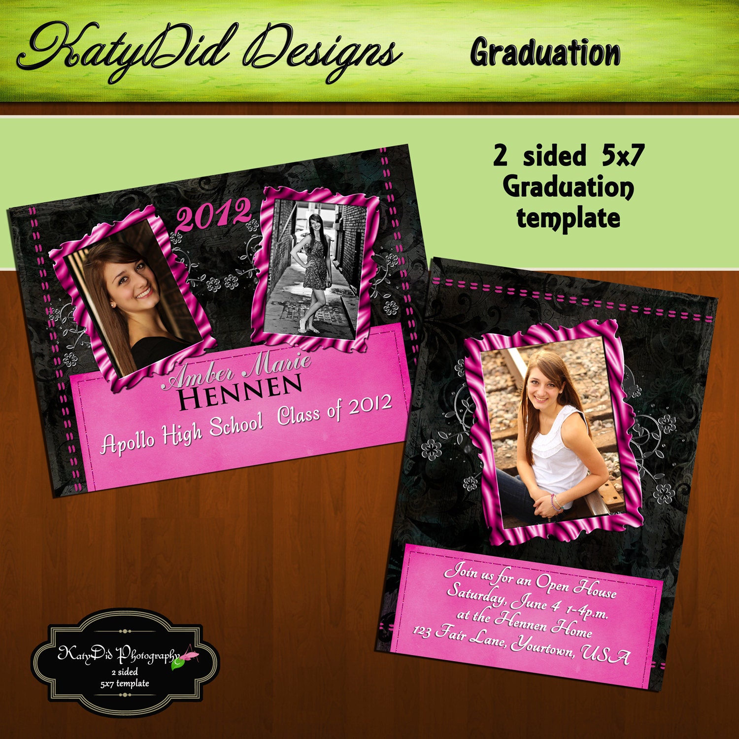 INSTANT DOWNLOAD Black Grunge Pink Zebra Damask 5x7 Senior Graduation Announcement Templates/PSD files