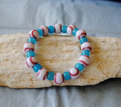 Baseball Beads and Blue Glow in the Dark Bead Stretch Bracelet