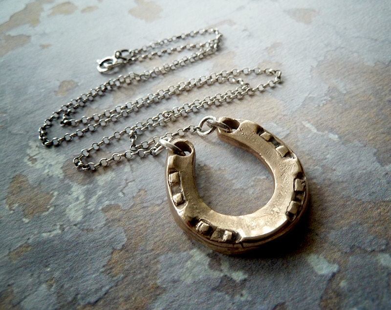 Horseshoe Necklace. Sterling Silver Chain. Recycled Bronze Rustic Handmade Horseshoe. Equestrian Jewelry