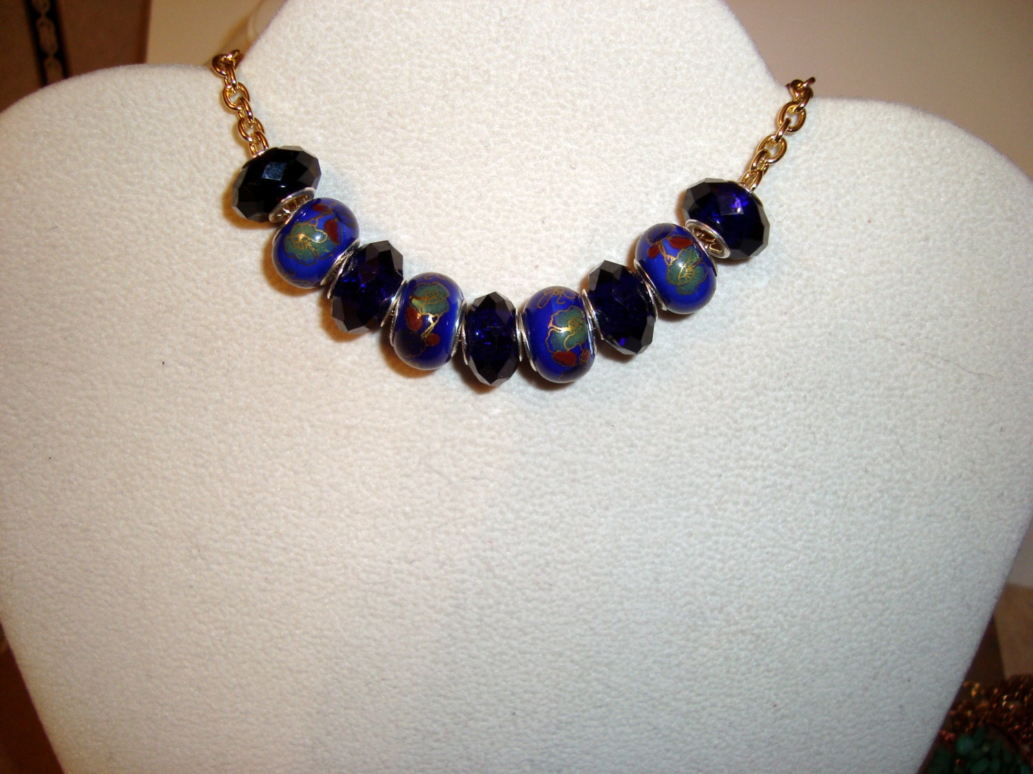Sale:  European Beaded Necklace of Blue Beads on Golden Chain