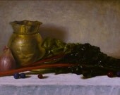 Fine art still life oil painting print, 8.5x11, antique brass vase onion kale blueberries sepia blue