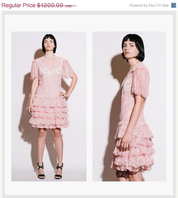 SALE ZANDRA RHODES 1970s Couture Pink Pearl Detailed Flapper Dress