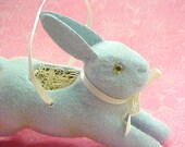 Sweet Pale Baby Blue Flocked Bunny Rabbit Basket Ornament Vintage Style Bethany Lowe