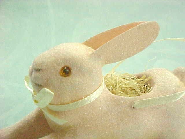 Sweet Pale Baby Pink Flocked Bunny Rabbit Basket Ornament Vintage Style Bethany Lowe