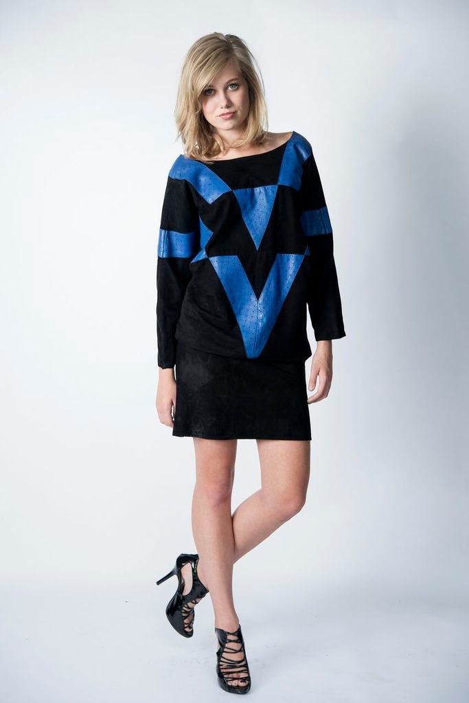 1980s suede geometric patchwork blouson dress