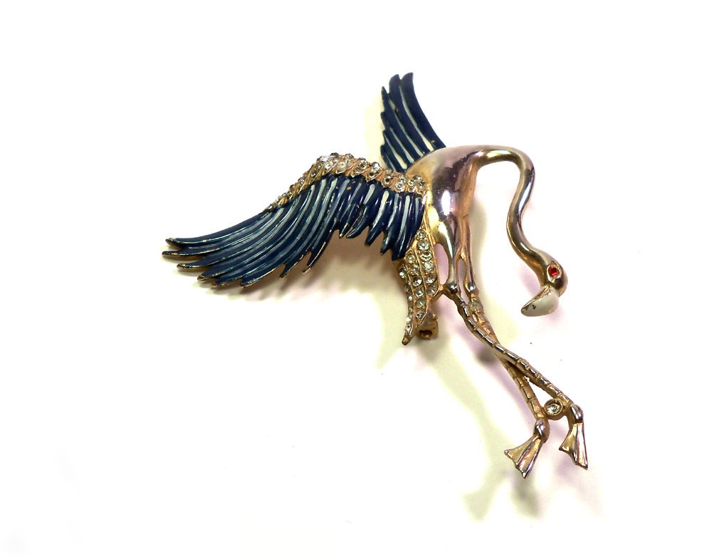 Vintage 1940s Rhinestone & Enamel Crane Bird  Brooch Pin EXTRA LARGE