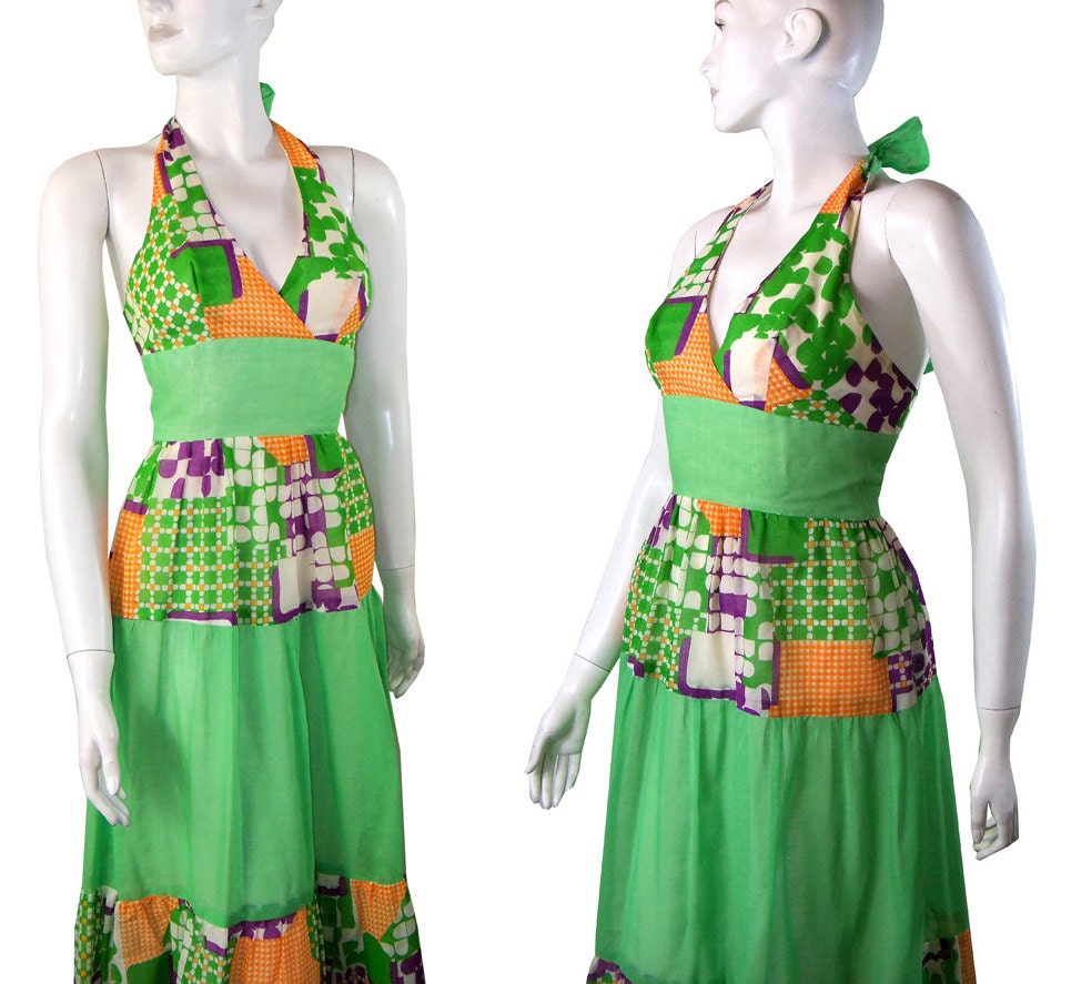 Colorful Vintage 1970s Graphic Print Maxi Halter Dress Young Innocent By Arpeja Small