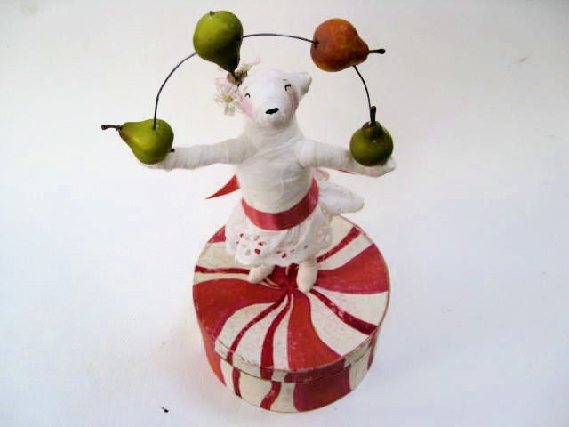 Ooak Spun Cotton Polar Bear, Juggling Pears, on Peppermint, Painted, Trinket Box Large