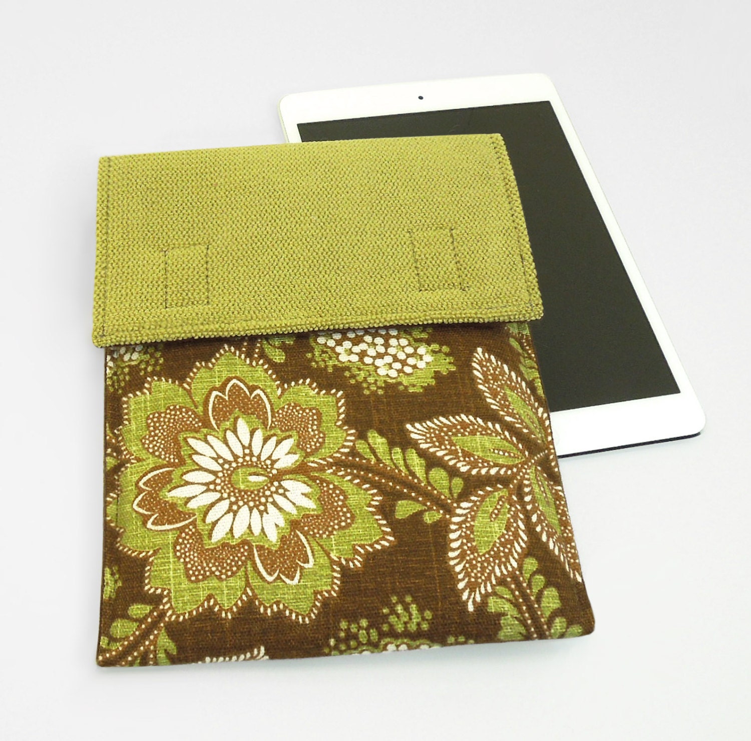 iPad Mini case Kindle Fire HD 7 cover sleeve - Brown moss-green white floral fabric (Ready to ship)
