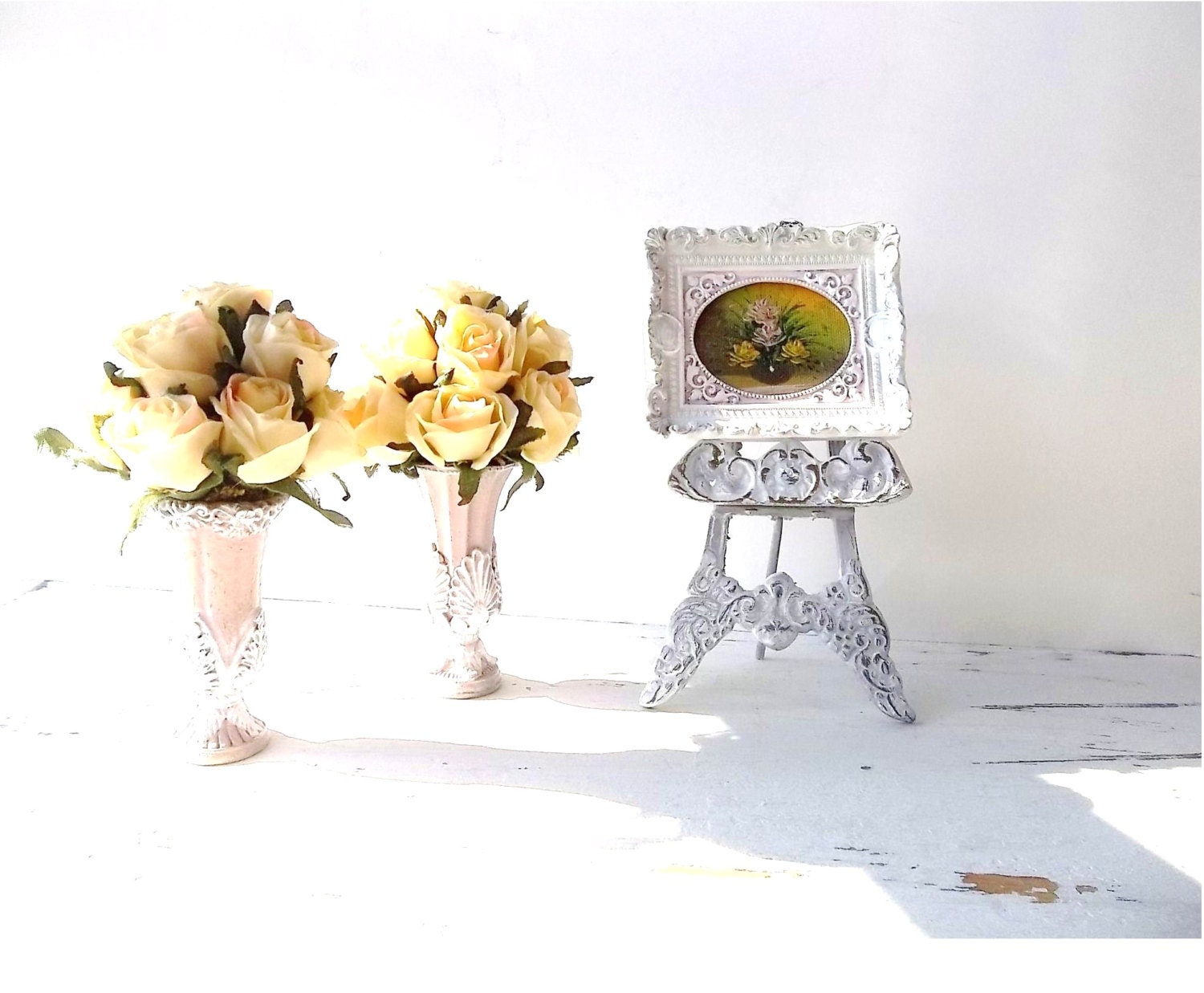 French Country Cottage Decor Collection. Framed Miniature Baroque Frame with shabby chic Roses. Pink Urns Vases