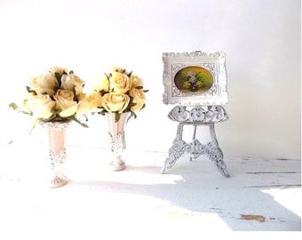 French Country Cottage Decor Collection. Framed Miniature Baroque Frame with shabby chic Roses. Pink Urns Vases
