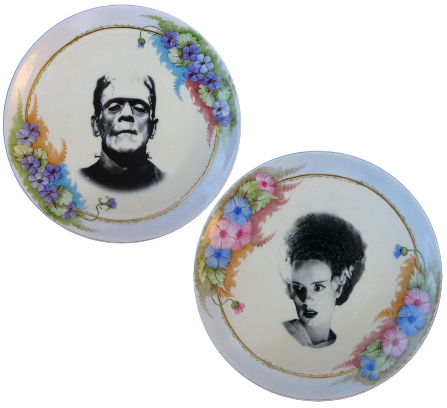 Mr. and Mrs. Frankenstein Portrait Plates - Altered Vintage Plate Set