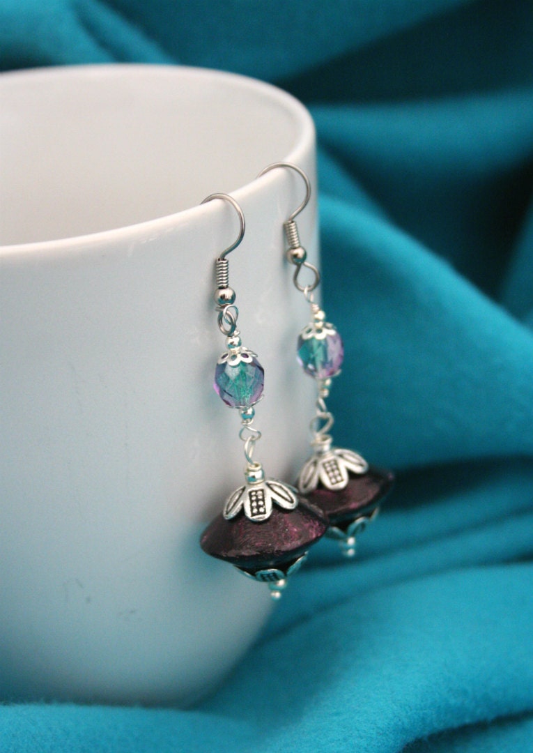 Flying Saucer Earrings Long Violet and Burgundy