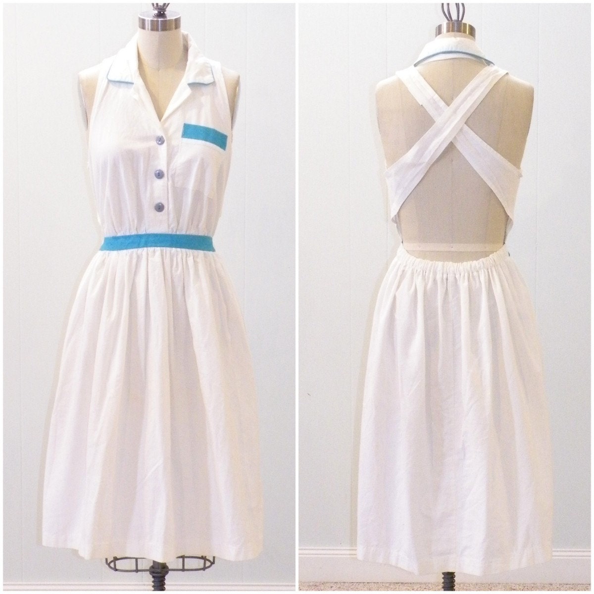 1970s 80s Sun Dress, Vintage Halter Dress, White & Blue Cotton Open Back Summer Dress, Jackie O Division of Surf and Turf, Summer Dress