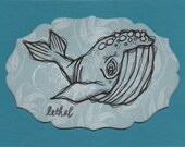 Barney - Original Mini Ink & Watercolor Whale Drawing on Scrapbook Paper
