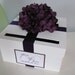 White Wedding Card Box-Shown with Eggplant Plum Dark Purple Hydrangea and Custom Personalized Tag Can You choose Flowers and Colors