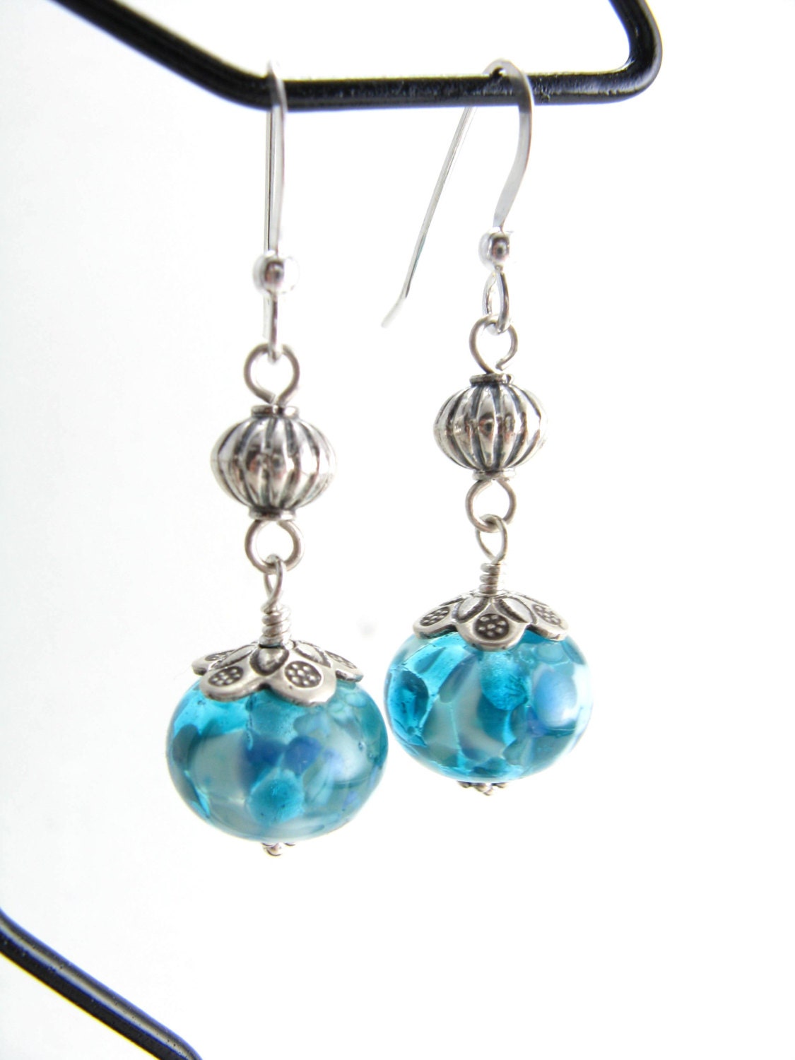 Aqua Teal Blue Glass Sterling Silver Earrings Artisan Glass Lampwork