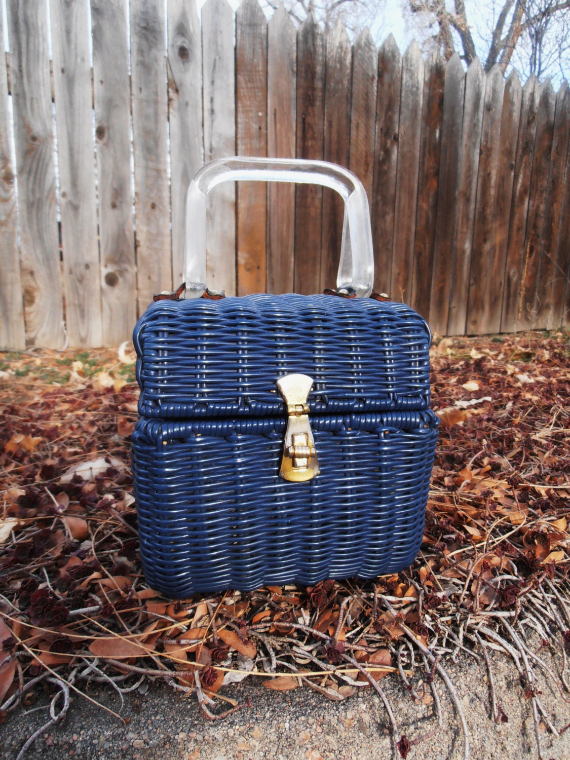 Mod Navy Blue Purse Wicker Handbag Mad Men Era 1960s Small Square Fab Bag