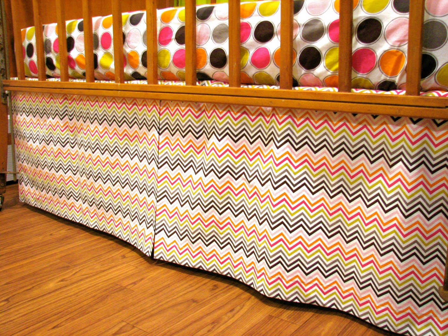 Adjustable Multi Color Chevron Crib Skirt wth Box Pleat