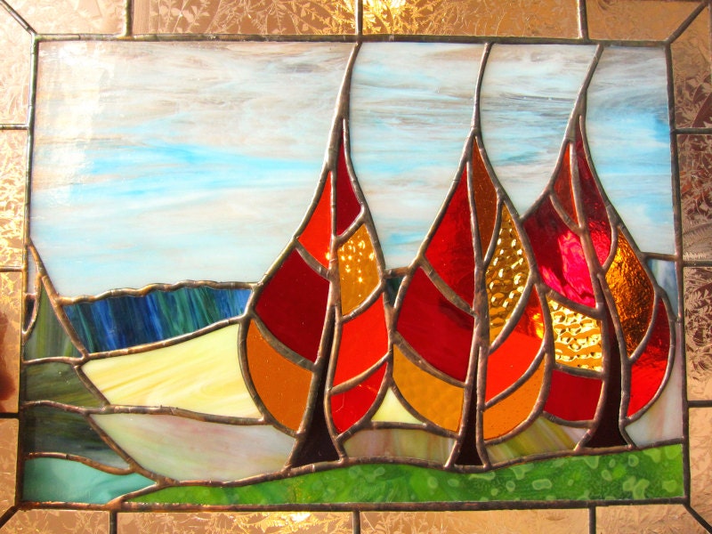 Autumn Stained Glass Panel Window Fall Trees Landscape Handmade OOAK