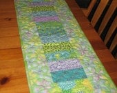Quilted Table Runner, Turquoise, Green, Yellow & Purple