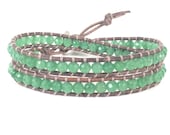 Green Aventurine Gemstone on Natural Gray Leather Double Wrap Bracelet