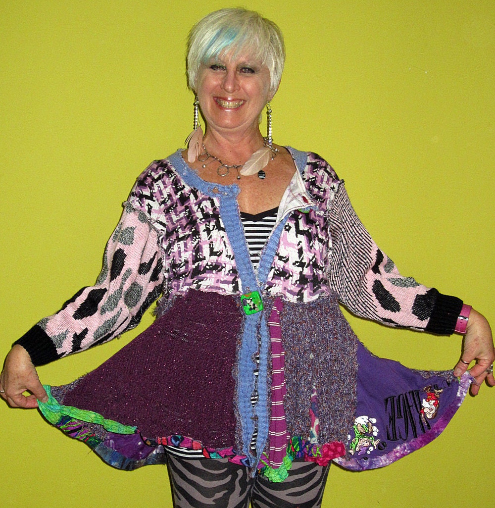 Pink Black Purple Blue Recycled Eco sweater coat fits small med Lg