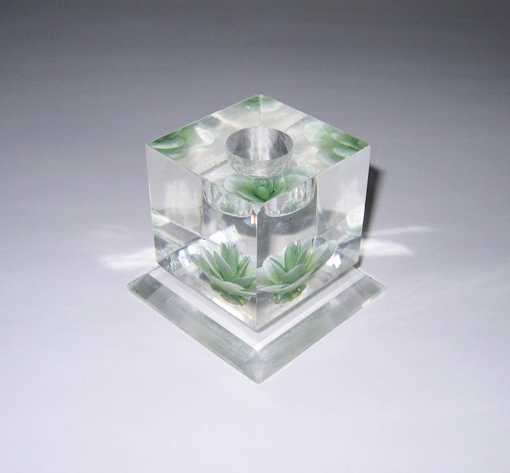 Vintage 1950s Lucite Candle Holder With Green Reverse Carved Rose Flower