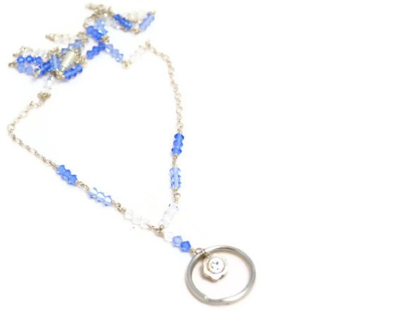 Lanyard ID badge holder, eye glass holder, blue swarovski crystals